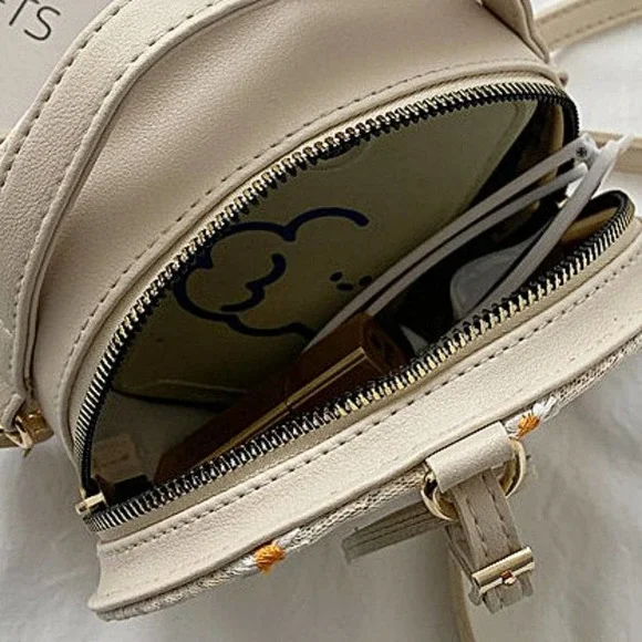 Daisy Flower Embroidered Round Straw Crossbody Bag in Khaki - Picture 7 of 9